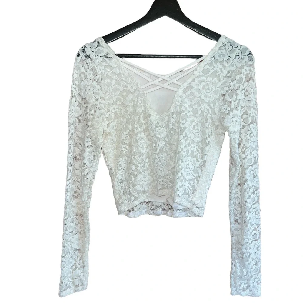 VTG Abercrombie & Fitch Y2K Lace Lg Sleeve Cream Top Criss Cross Back Crop Sz M‎